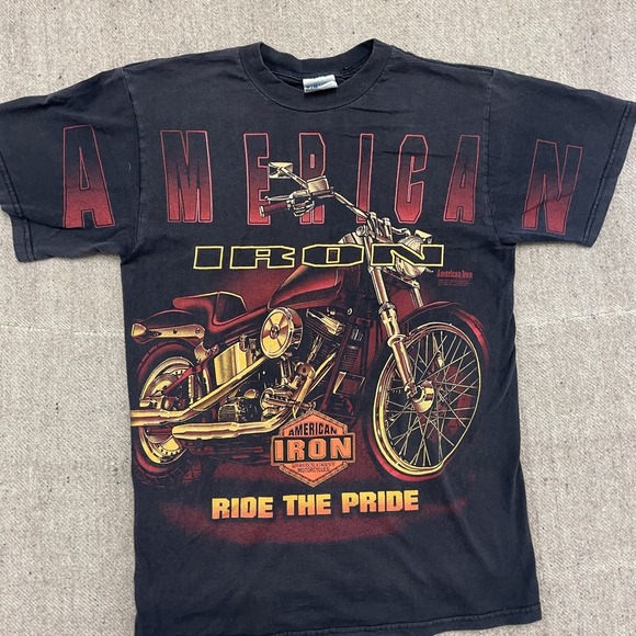 Vintage American Iron shirt men Medium Black 1990s full graphic chopper ride - Picture 2 of 10